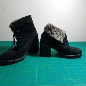 Kenneth Cole Lace-Up Ankle Boots~Black Nubuck/Gray Shearling Fur~Block Heel~37=7